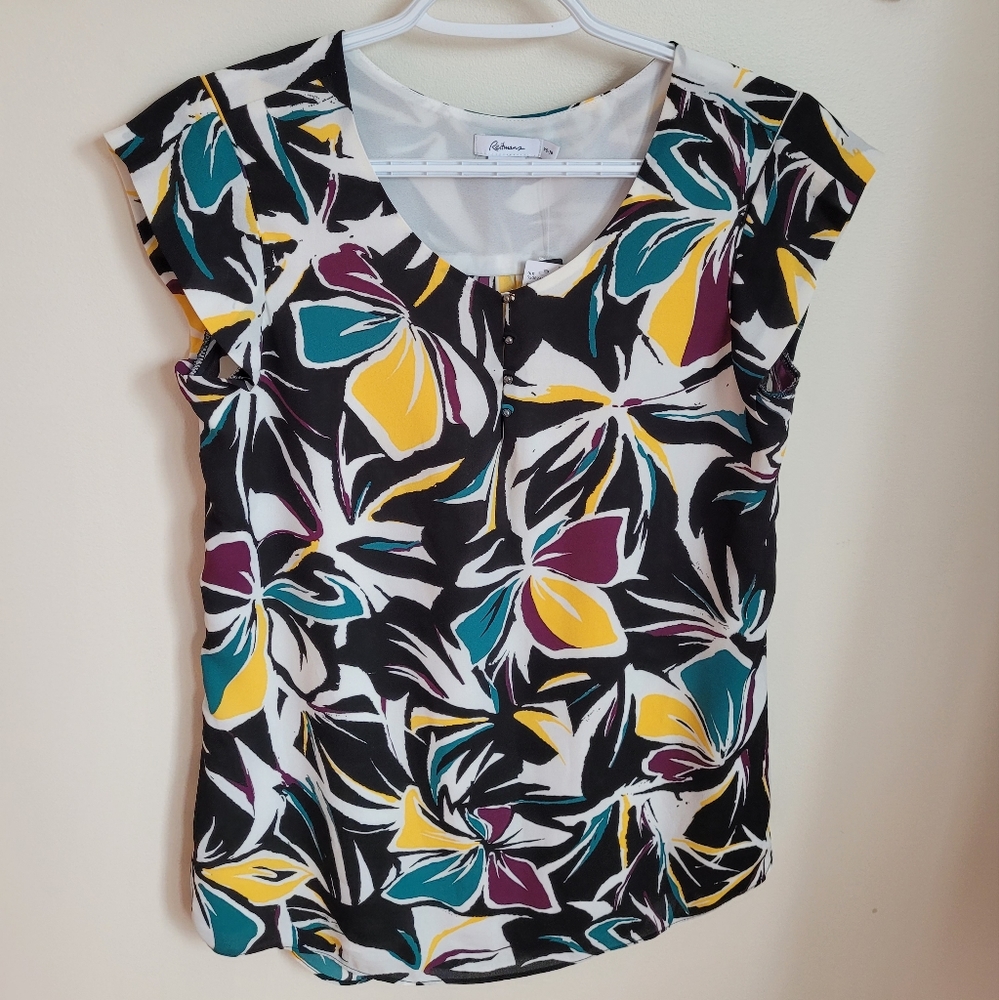 💚 NWT XS Reitman's 100% polyester black_plum//yellow/green floral print